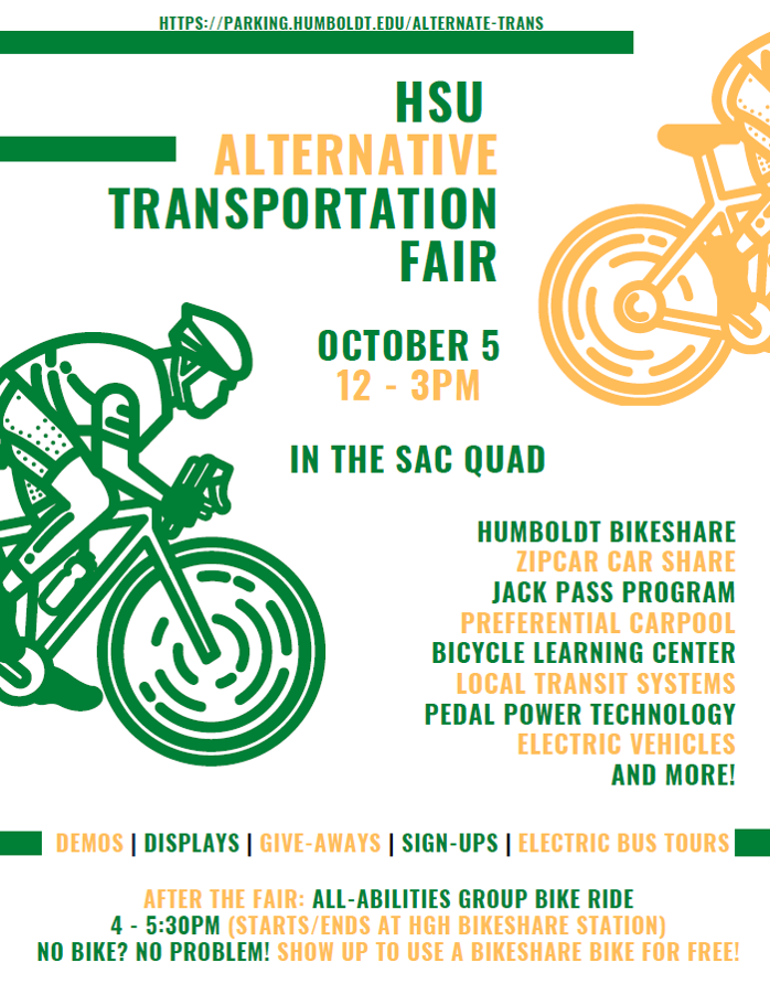 Flyer for Alternative Transportation Fair, October 5th 2021 from 12-3pm on the SAC Quad