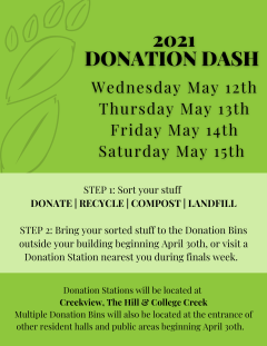 Wednesday May 12th Thursday May 13th Friday May 14th Saturday May 15th   STEP 1: Sort your stuff  DONATE | RECYCLE | COMPOST | LANDFILL  STEP 2: Bring your sorted stuff to the Donation Bins outside your building beginning April 30th, or visit a Donation Station nearest you during finals week.    Donation Stations will be located at  Creekview, The Hill & College Creek Multiple Donation Bins will also be located at the entrance of other resident halls and public areas beginning April 30th.